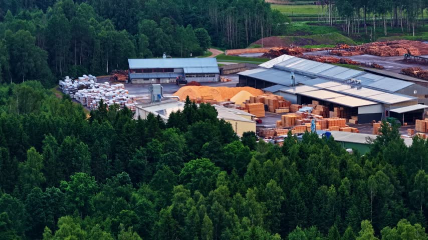 Industrial sawmill processing wood and timber in a lush forest area, aerial view