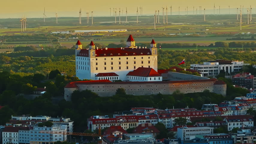 Aerial view of Bratislava Castle at night, a historic landmark in the capital city of Bratislava, Slovakia