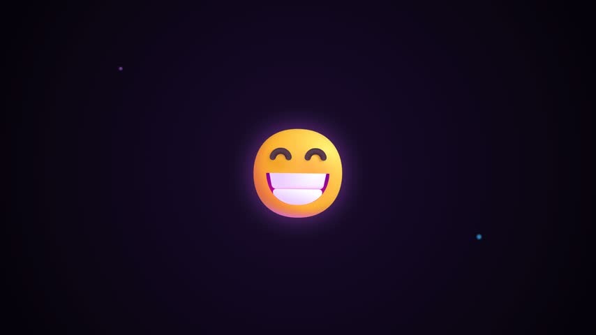 Glowing yellow emoji character spinning and laughing joyfully against a dark cosmic background, expressing happiness and amusement with a wide grin and closed eyes in a smooth animation