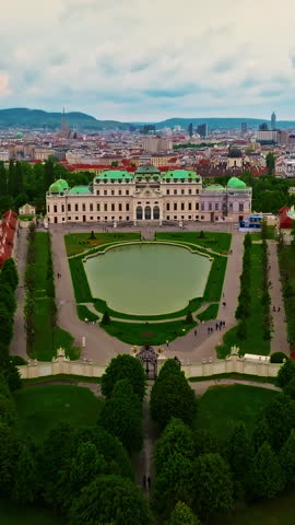 Aerial view of a beautiful panoramic view of the Belvedere Palace, with its parks and gardens, in Vienna, Austria