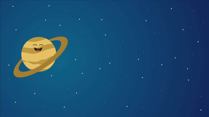 Saturn animation with cute face and copy space area for astronomy solar system presentation and education