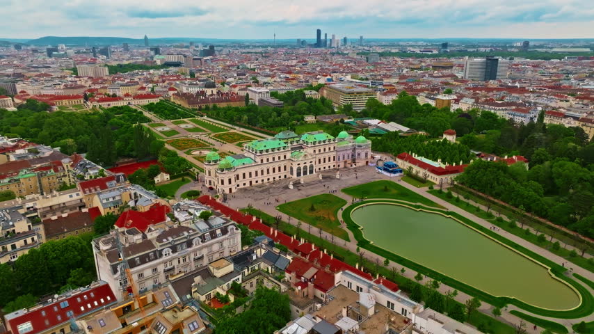 Aerial view of a beautiful panoramic view of the Belvedere Palace, with its parks and gardens, in Vienna, Austria
