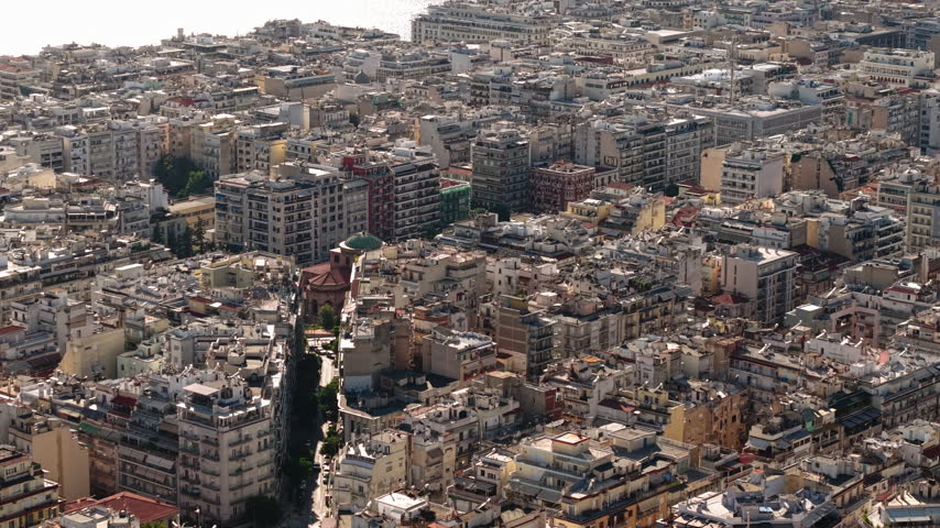 Drone View of Thessaloniki Greece Cityscape, Downtown Buildings and City Port
