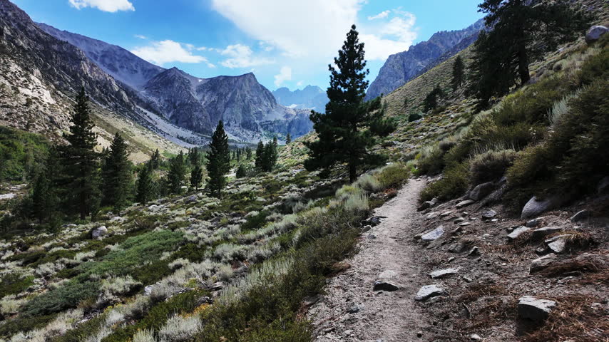 A view of the Big Pine Creek along the Big Pine Trail showing glacial trail in the mountains in the John Muir National Wilderness with the glacial terrain and mountains showing the trail and the glacial features as a man hikes the trail