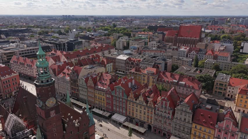 Aerial view of Wroclaw, Poland, showcasing colorful rooftops, historical buildings, and bustling streets under a bright sky with scattered clouds