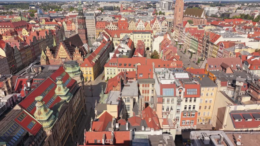 Aerial view of Wroclaw, Poland, showcasing vibrant rooftops, historical architecture, and bustling city life in a picturesque urban landscape