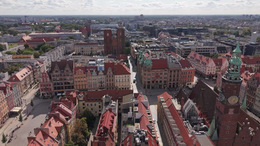 Aerial view of colorful historic buildings in Wroclaw, Poland, showcasing vibrant rooftops and bustling square with people walking below