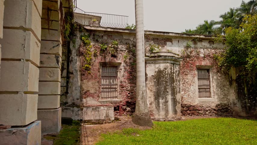 Weathered historic masonry building with barred windows and exposed brickwork surrounding a grassy courtyard with a tall palm tree in Mexico.