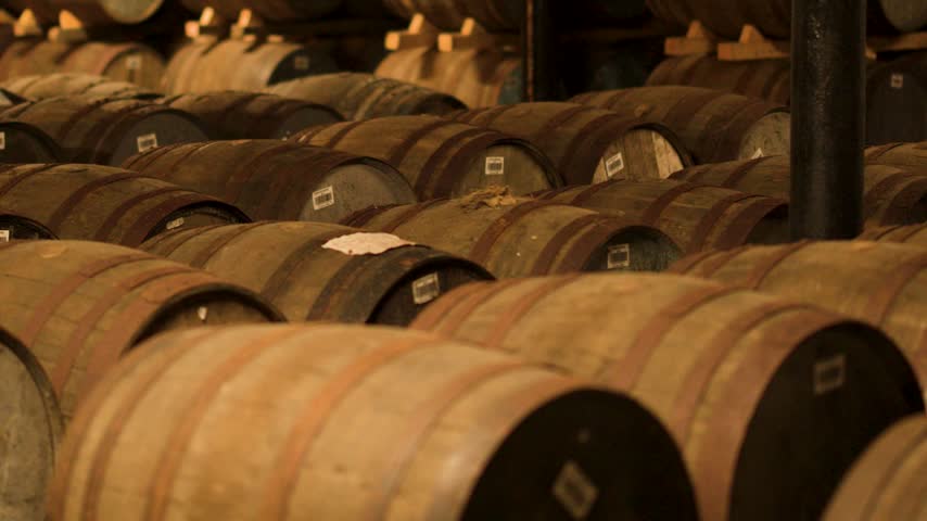 Rows of aged oak wooden barrels stored in rows inside dim dimly lit distillery warehouse cellar for long term maturation process cinematic handheld footage capturing rustic atmosphere.