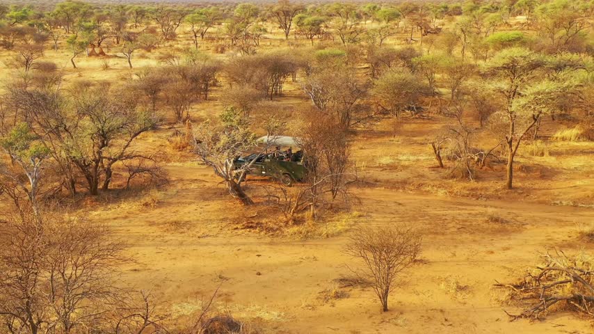 Aerial view of safari vehicle moving across arid landscape of Kenya featuring dry trees and distant mountain ranges.