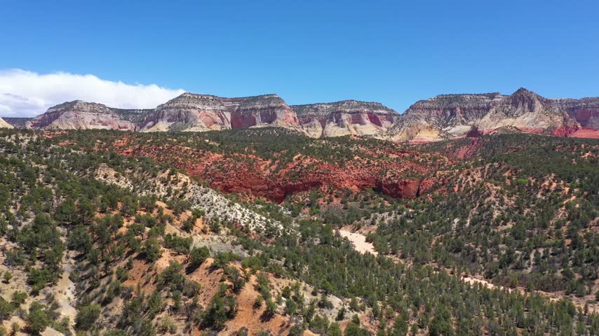 Aerial view showcasing rugged desert terrain featuring vibrant red sandstone cliffs and lush green trees in Zion Utah area.