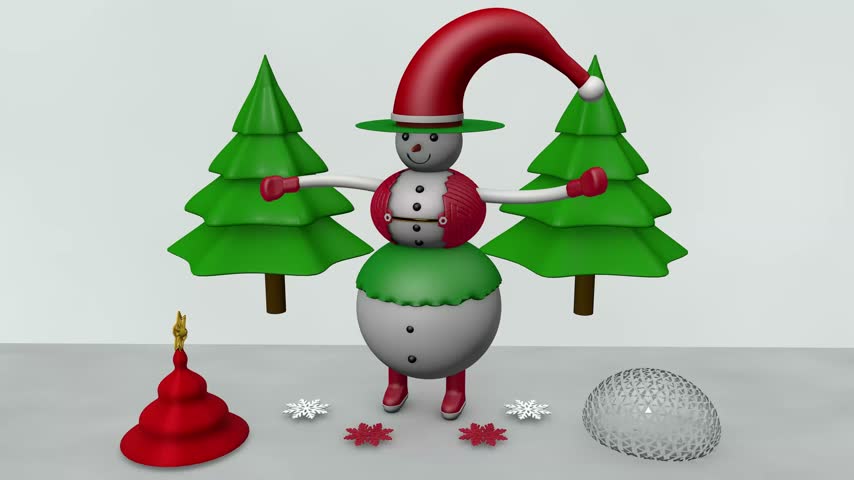 3D animation of a cheerful snowman wearing a red and green festive outfit waving its arms, surrounded by pine trees, snowflakes and winter decorations.