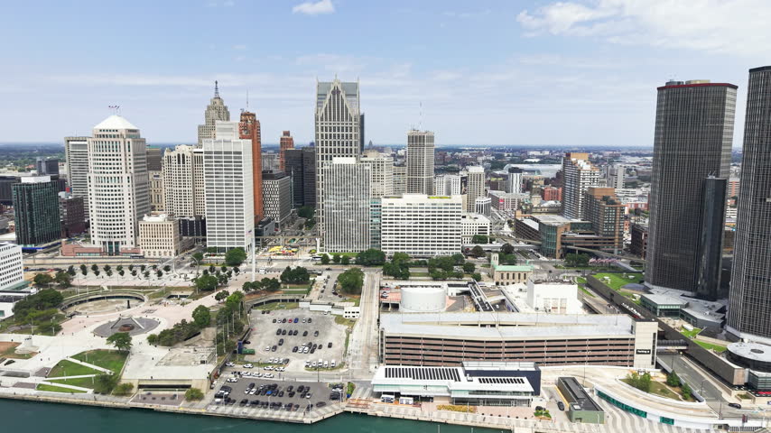 Drone View of Detroit Michigan USA Downtown and Riverfront Buildings, Central Financial District