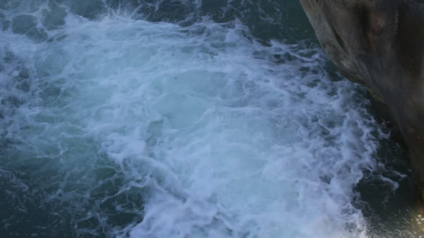 Close Up of Fast Flowing River Rapids with Bubbling White Water and Surface Turbulence