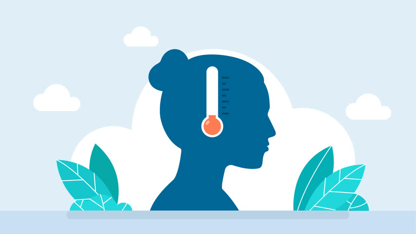 A woman with thermometer in her head. Anxiety, tension, stress. Colds. Angry woman in anger, steam coming out of her ears. Unhappy girl upset and angry. Control of emotions. 2d flat animation