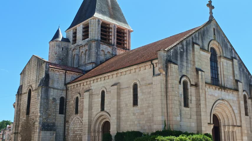 Romanesque architecture and stone tower of the Notre Dame church in Chauvigny, France