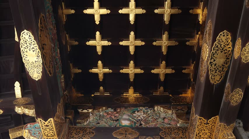 Close view of traditional architectural and decorative details at historic Nijo Castle in Kyoto, Japan, former residence of the Tokugawa shoguns and an important cultural landmark