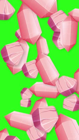Animated pink quartz crystals and gemstones falling vertically against a bright green screen background.