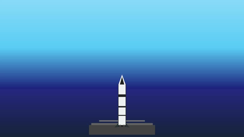 Simple flat design illustration of a white space rocket lifting off from launch platform with bright orange exhaust and white smoke clouds ascending into clear blue gradient sky representing space exploration technology.