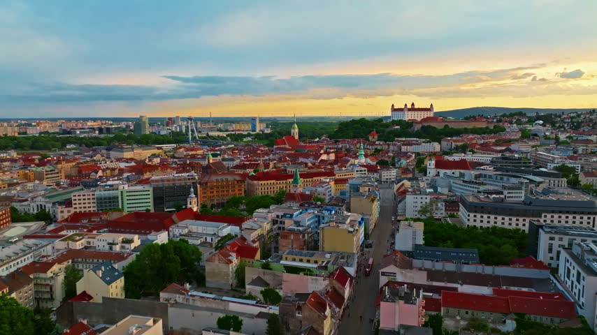 Aerial view of beautiful view of the old city center of Bratislava, Slovakia