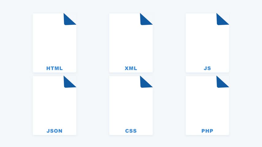 Minimalist 1-color family (Tech Blue system) programming file icon set featuring HTML, XML, JS, JSON, CSS, and PHP document symbols with clean line-drawing activation and unified motion grammar.