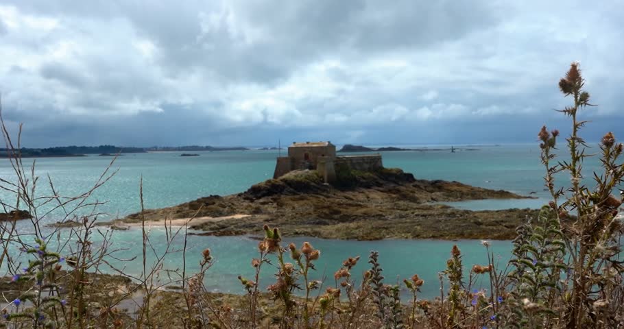 Fort du Petit Bé seen through wild flowers in Saint-Malo, France