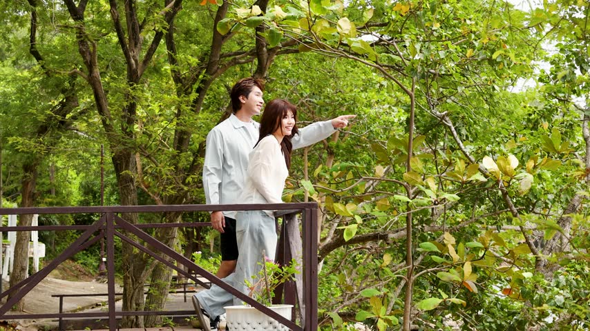 A young Asian couple standing on a wooden bridge observes the surrounding lush green forest.