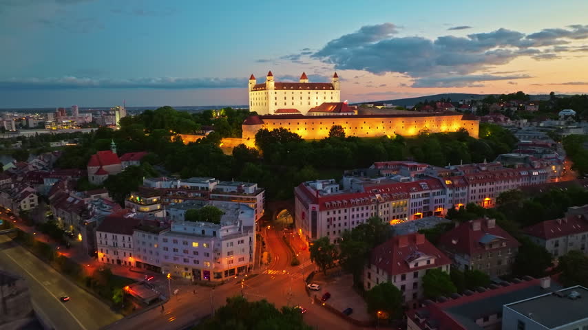 Aerial view of Bratislava Castle at night, a historic landmark in the capital city of Bratislava, Slovakia