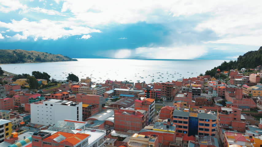 Aerial landscape of Copacabana waterfront on Lake Titicaca, Bolivia