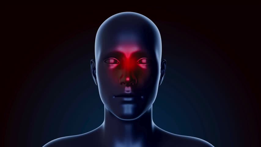 3D render of a human head front view with red glowing nose and sinus area highlighting pain, congestion, or inflammation.   