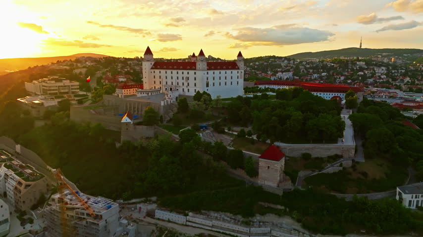 Aerial view of Bratislava Castle at sunset, a historic landmark in the capital city of Bratislava, Slovakia