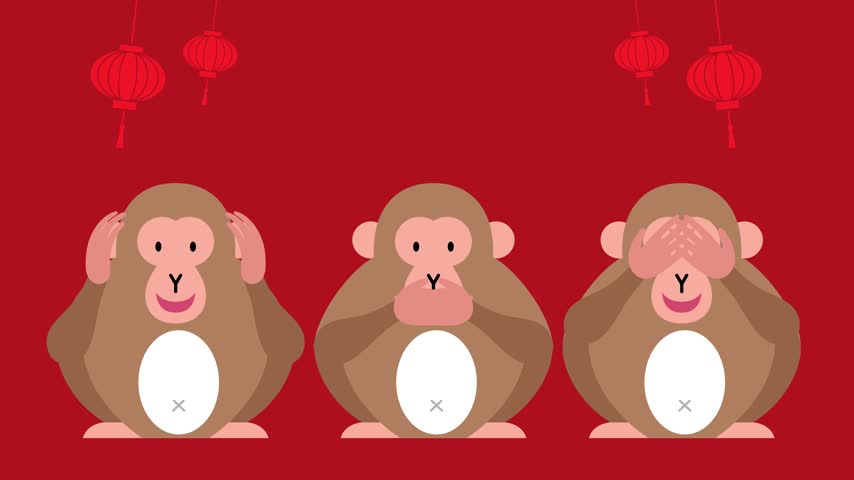 Three wise monkeys cartoon animation. Horizontal video to celebrate Chinese New Year of the Monkey 2028.