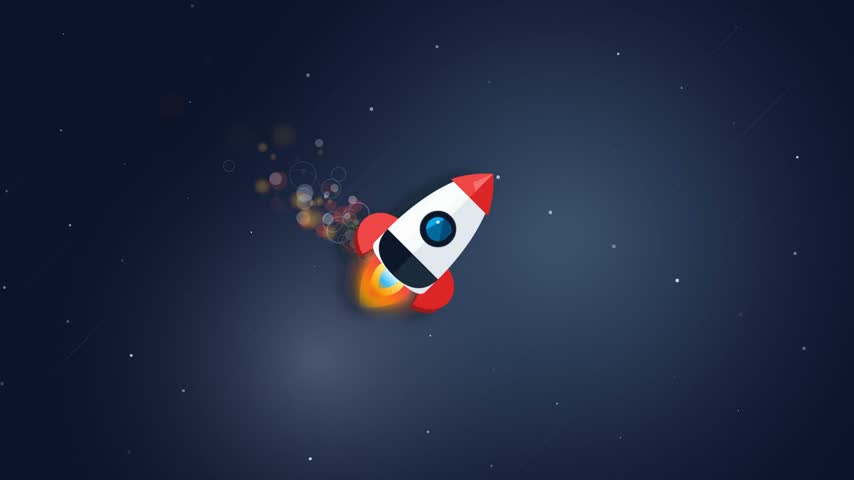 A vibrant flat vector illustration features a smooth white rocket ship ascending diagonally toward the upper right. The spacecraft is detailed with bold red fins, a matching nose cone, a dark navy lower collar, and a circular blue porthole window. Bright yellow propulsion flames burst from the bottom nozzle against a transparent background. Designed with clean geometry and high contrast, this graphic symbol represents business startup launches, technological innovation, and ambitious career growth.