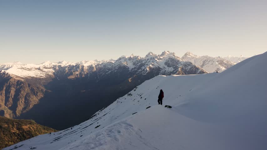 Himalayan Trekker Hiking Through Snowy Mountain Slopes With Majestic Peaks