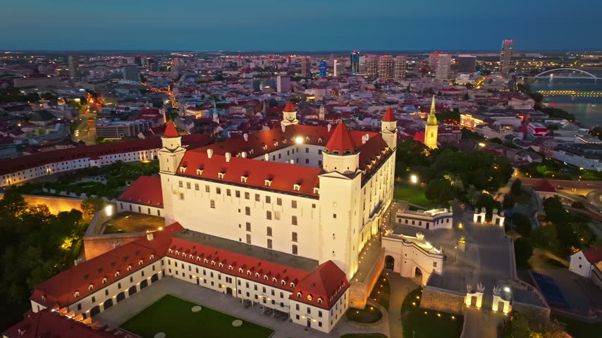 Aerial view of Bratislava Castle at night, a historic landmark in the capital city of Bratislava, Slovakia