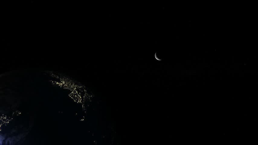 Crescent Moon Above Earth at Night with City Lights from Space