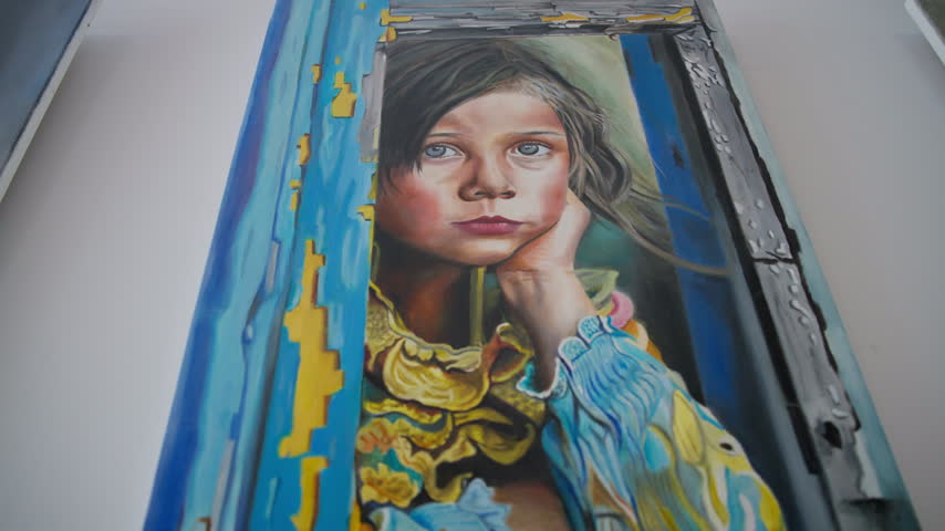 A hyperrealistic painting shows a girl resting her head on her hand behind a weathered blue and yellow door, Slow Motion.