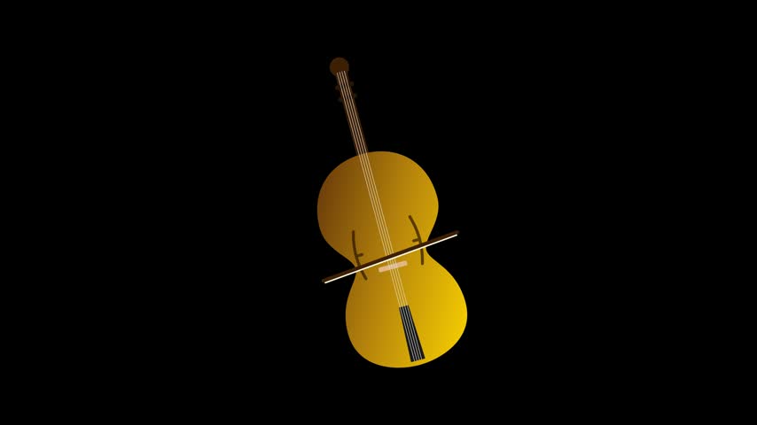 A detailed violin icon featuring a rich brown and gold gradient, with a bow rhythmically moving across the strings as shimmering gold music notes drift upwards in a seamless loop.