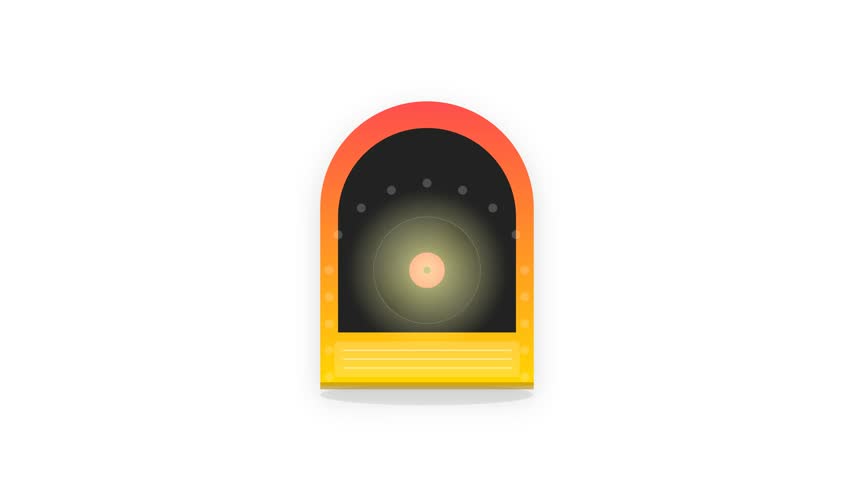 A 2D flat vector illustration of a classic jukebox featuring a red-to-gold gradient body, a rotating black vinyl record, and a sequence of glowing lights blinking in a seamless 5-second loop.