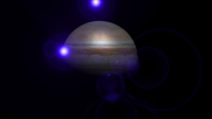 Jupiter planet rotated . A closes up view of the swirling  atmosphere planet Jupiter against lens light black space
