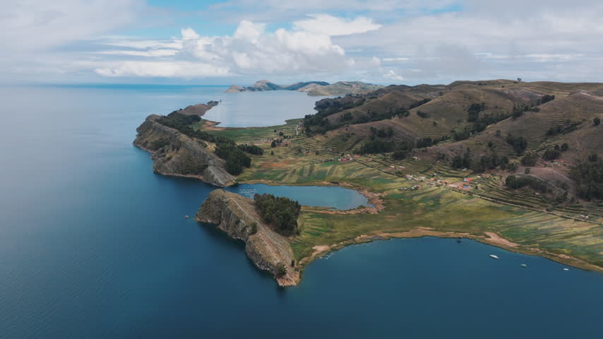 Aerial landscape of Lake Titicaca with mountain scenery in Bolivia