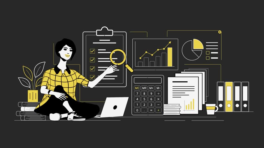 Professional finance and business analytics illustration featuring a woman with financial charts, reports, calculator, laptop, folders and modern yellow line art elements.