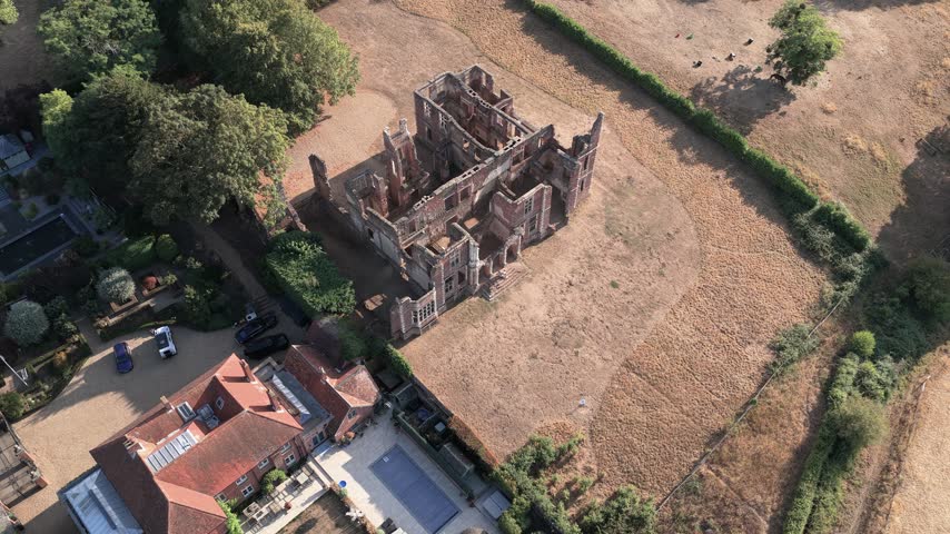 Remains of Houghton House, Drone View of Abandoned Old Mansion in Bedfordshire England UK on Sunny Day