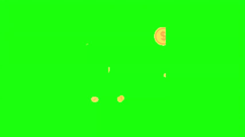 Falling gold coins currency shower vector illustration isolated on green screen.   