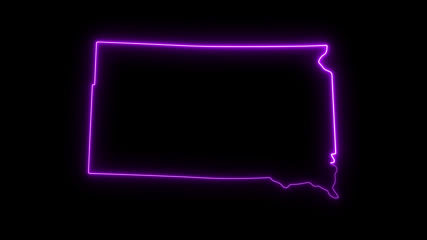 South dakota state map outline with glowing neon purple light effect on black background