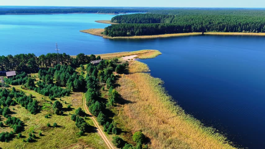 Aerial view of forested shoreline with blue lake and sandy beach in summer light