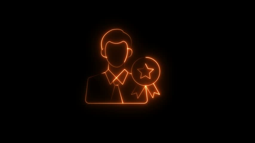 Dynamic award medal icon with star for man, glowing neon orange effect.