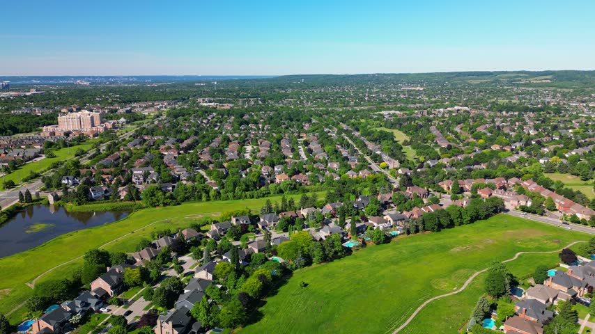 Burlington, Ontario, Canada residential suburban view with houses and green parks - wide shot
