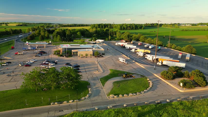 Woodstock ONroute Service Plaza with Cars, Trucks, and Gas Station in Ontario, Canada,