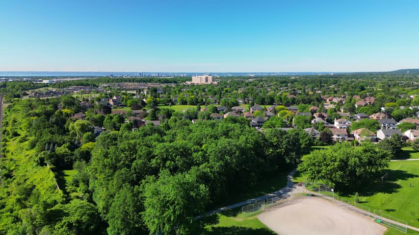 Burlington, Ontario, Canadian suburban cityscape in wide aerial panoramic view